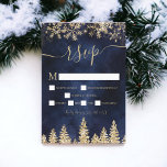Chic gold snow pine navy Christmas winter rsvp<br><div class="desc">Time to celebrate your winter wonderland wedding theme with this luxury chic gold glitter snowflakes sparkles and yellow gold glitter pine tree forest on an elegant festive navy blue watercolor background,  featuring a modern cool script font typography. Perfect rsvp card for your winter wonderland wedding.</div>