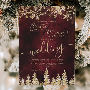 Chic gold snow pine red Christmas winter wedding Invitation