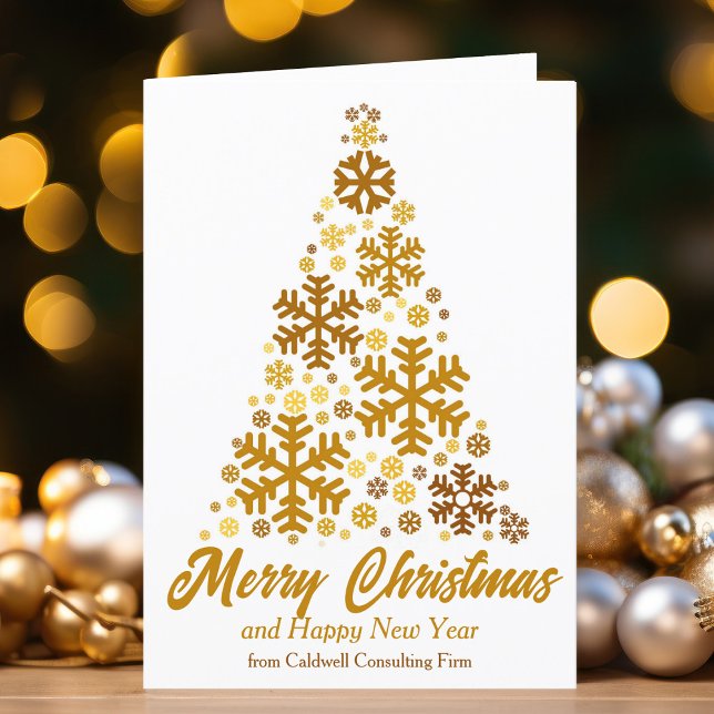 Chic Gold Snowflake Merry Christmas Tree Company Holiday Card (Creator Uploaded)