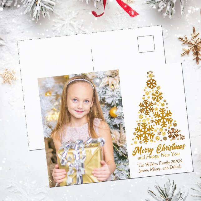 Chic Gold Snowflakes Christmas Tree Family Photo Holiday Postcard (Creator Uploaded)
