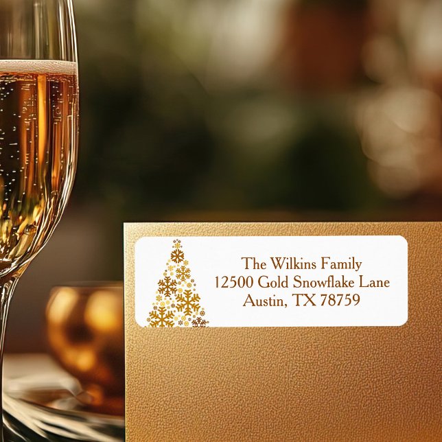 Chic Gold Snowflakes Christmas Tree Return Address (Creator Uploaded)