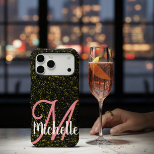 Chic Gold sparkle black pink monogram unique girly