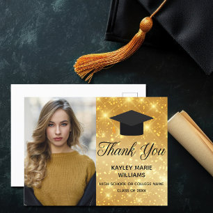 Chic Gold Sparkle Graduation Photo 2022 Thank You Postcard