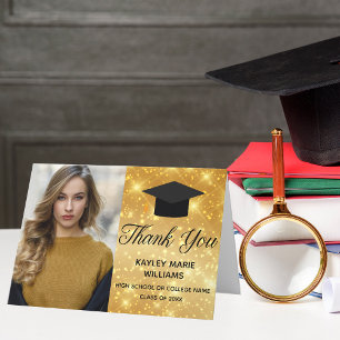 Chic Gold Sparkle Graduation Photo 2025 Graduate Thank You Card