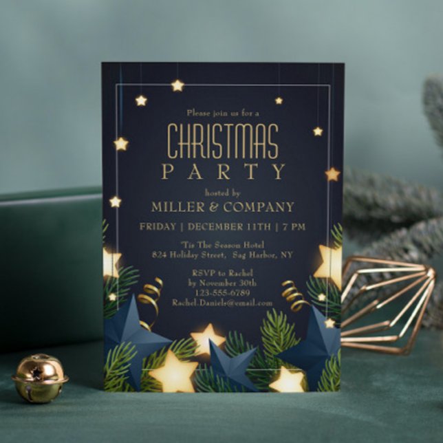 Chic Gold Star Pine Corporate Christmas Party Invitation (Creator Uploaded)