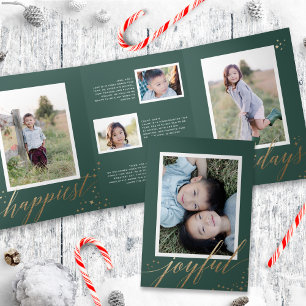 Chic Gold Stardust Tri-fold Green Christmas Photo  Invitation
