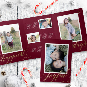Chic Gold Stardust Trifold Maroon Christmas Photo 