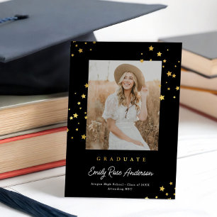 Chic Gold Stars Blk Photo Graduation Announcement