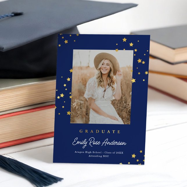 Chic Gold Stars Blue Photo Graduation Announcement (Creator Uploaded)