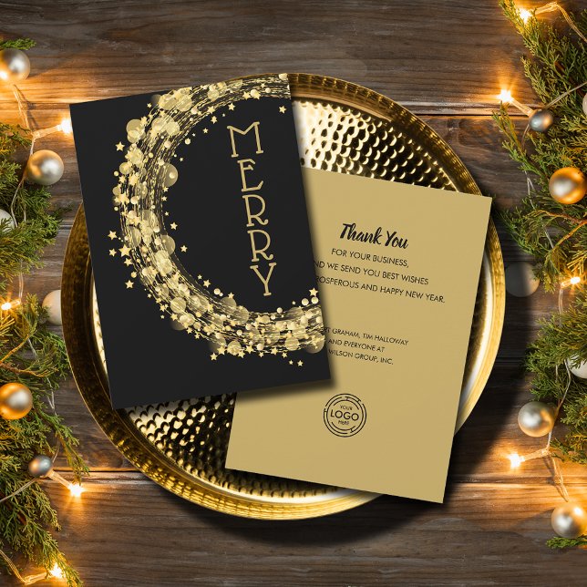 Chic Gold Stars Wreath Christmas Business Holiday Card (Chic gold stars wreath Merry Christmas on black holiday cards with your logo on the back)