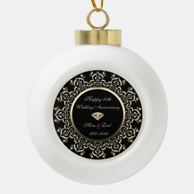 Chic Gold Swirls Diamond 50th Wedding Anniversary Ceramic Ball Christmas Ornament (Front)
