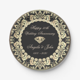 Chic Gold Swirls Diamonds 50th Wedding Anniversar Paper Plate