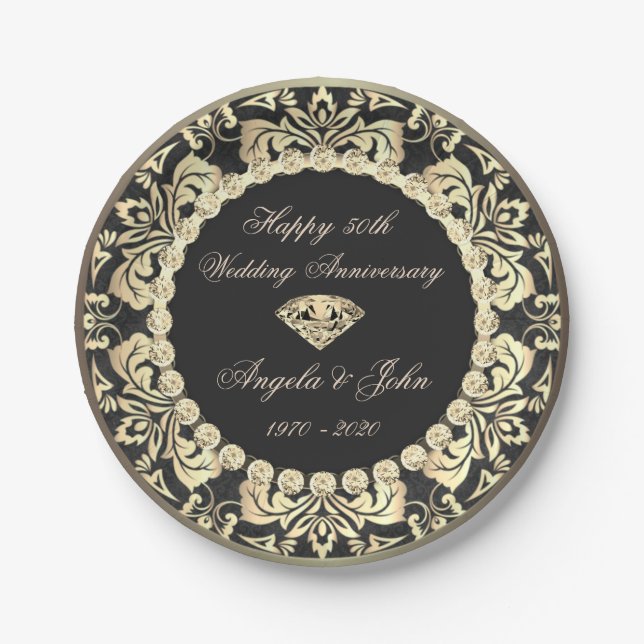 Chic Gold Swirls Diamonds 50th Wedding Anniversar Paper Plate (Front)