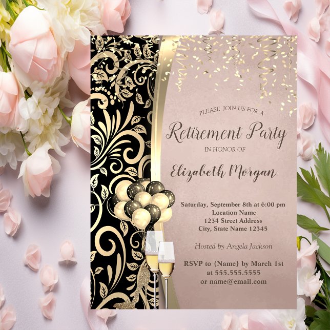 Chic Gold Swirls Glas,High Heels Retirement Invitation (Creator Uploaded)