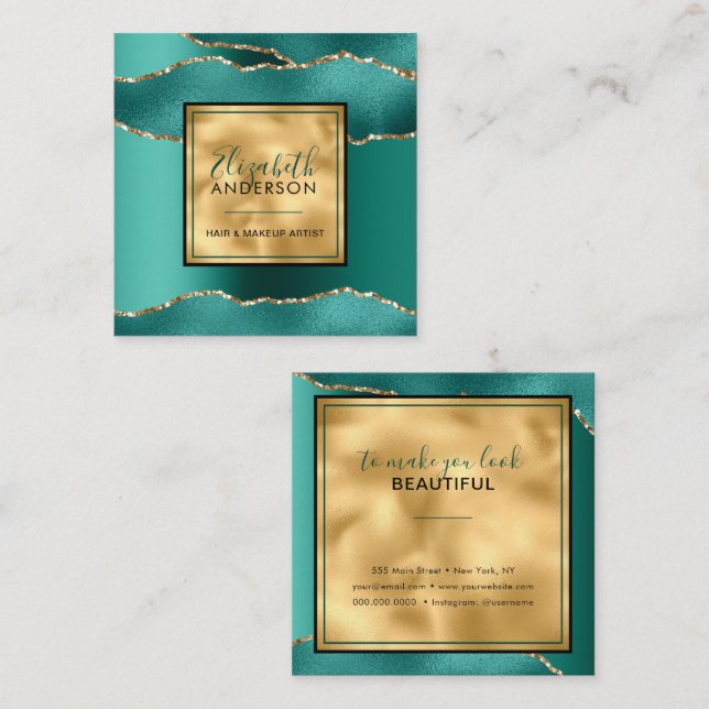 Chic Gold Teal Glitter Fashion Modern  Square Business Card (Front/Back)