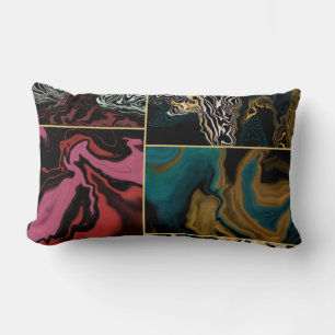 Chic Gold Teal & Pink Liquid Ink on Black Marble Lumbar Cushion