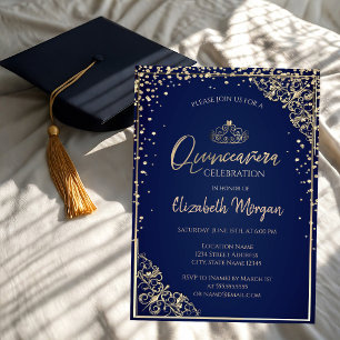 Chic Gold Tiara,Diamonds Blue Quinceañera   Invitation