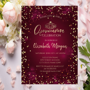 Chic Gold Tiara,Diamonds Burgundy Quinceañera Invitation