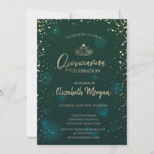 Chic Gold Tiara,Diamonds Green Quinceañera Invitation