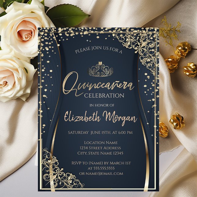 Chic Gold Tiara,Diamonds Quinceañera  Invitation (Creator Uploaded)
