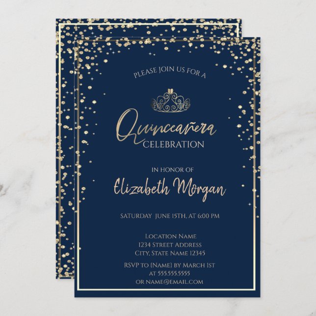Chic Gold Tiara,Diamonds Quinceañera Invitation (Front/Back)
