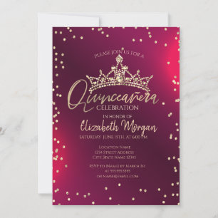 Chic Gold Tiara,Diamonds Red Quinceañera Invitation