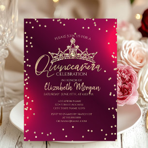 Chic Gold Tiara,Diamonds Red Quinceañera Invitation