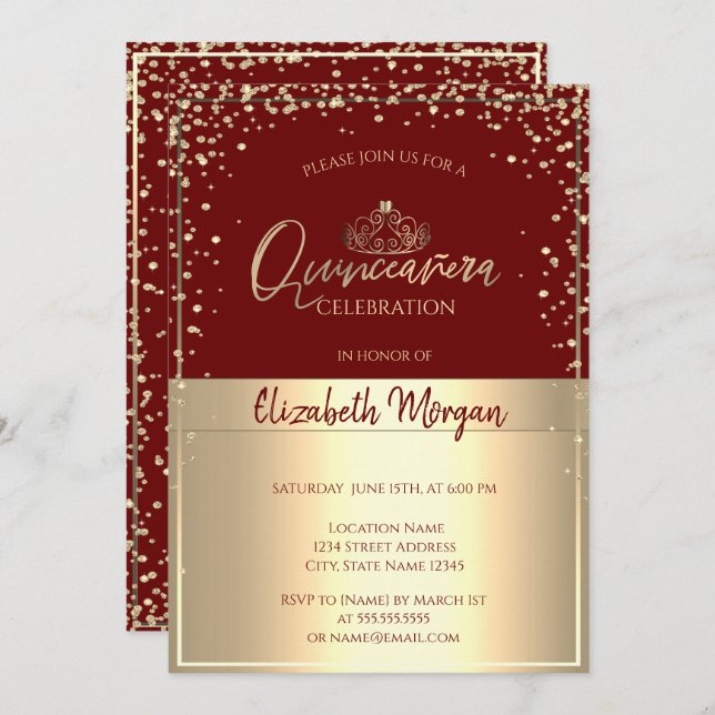 Chic Gold Tiara,Diamonds Red Quinceañera  Invitation (Front/Back)