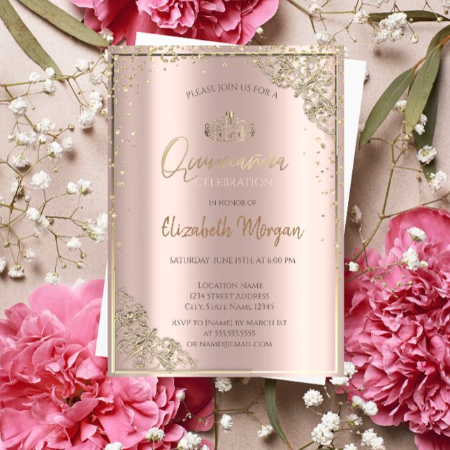 Chic Gold Tiara,Diamonds Rose Gold Quinceañera  Invitation (Creator Uploaded)