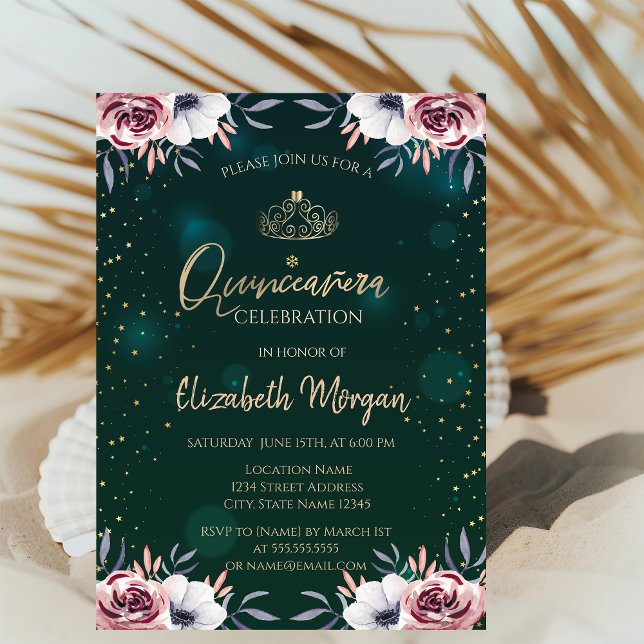 Chic Gold Tiara,Diamonds,Roses Green Quinceañera Invitation (Creator Uploaded)
