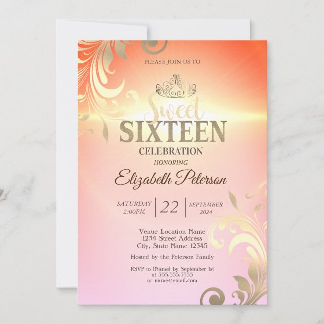 Chic Gold Tiara Diamonds Swirls Sweet 16 Party Invitation (Front)