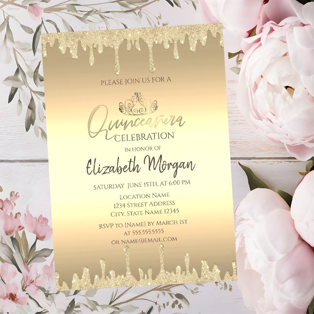 Chic Gold Tiara,Glitter Drips Gold Quinceañera   Invitation (Creator Uploaded)