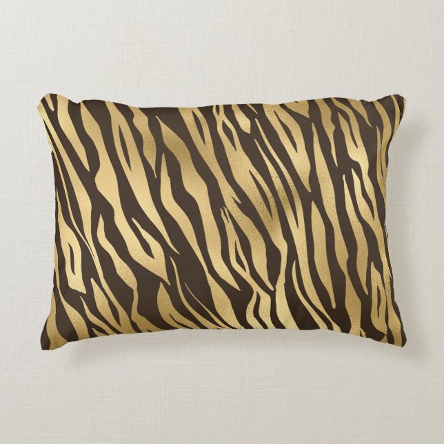 Chic Gold Tiger Print Elegant Pretty Stylish Glam Decorative Cushion (Front)