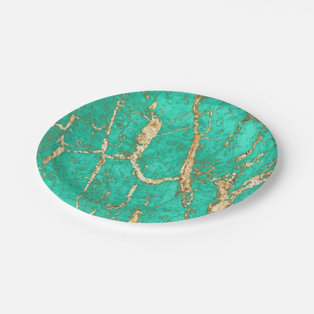 Chic Gold Turquoise Marble Pattern Paper Plate (Angled)
