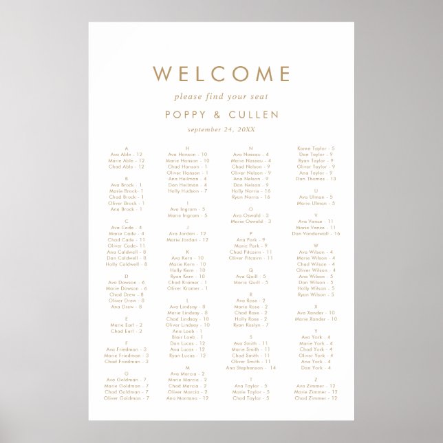 Chic Gold Typography Alphabetical Seating Chart (Front)