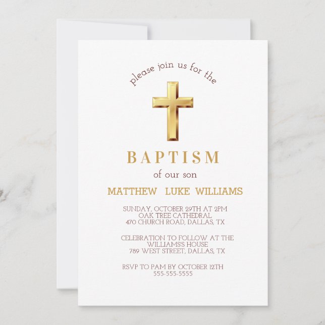 Chic Gold Typography Cross Baptism  Invitation (Front)
