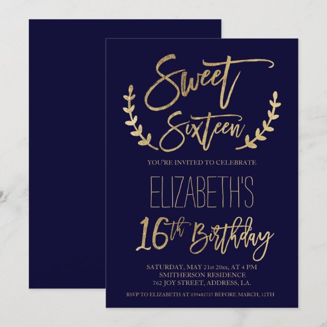 Chic gold typography navy blue Sweet SIxteen Invitation (Front/Back)