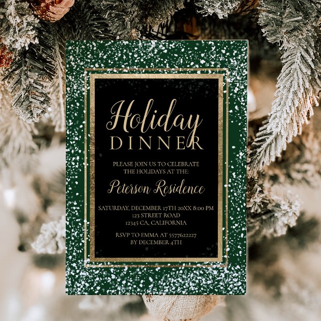 Chic gold typography snow holiday party green invitation (Chic gold typography snow holiday party green invitation)