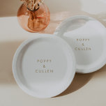 Chic Gold Typography Wedding Cake Paper Plates<br><div class="desc">These chic gold typography wedding cake paper plates are perfect for a modern wedding. The simple design features classic minimalist gold and white typography with a rustic boho feel. Customisable in any colour. Keep the design minimal and elegant, as is, or personalise it by adding your own graphics and artwork....</div>