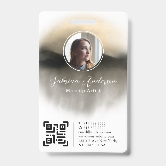 Chic Gold Watercolor Abstract Script Photo Logo ID Badge (Front)