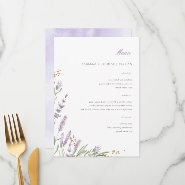 Chic Gold & Watercolor Lavender Floral Wedding Menu (Front/Back In Situ)