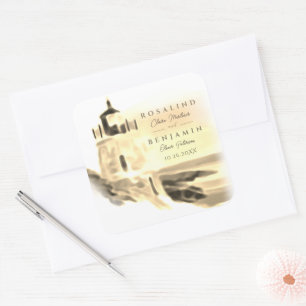 Chic Gold Watercolor Lighthouse Script Wedding Square Sticker