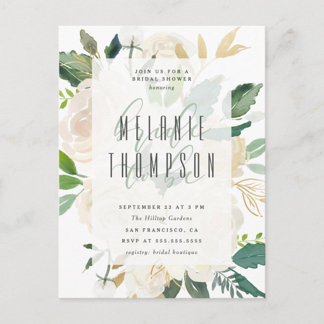 Chic Gold Watercolor Peonies Bridal Shower Invitation Postcard (Front)