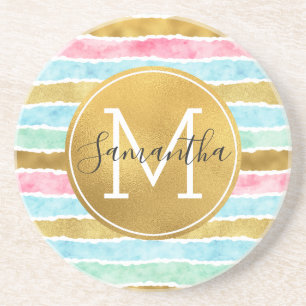 Chic Gold Watercolor Stripes Monogram Coaster