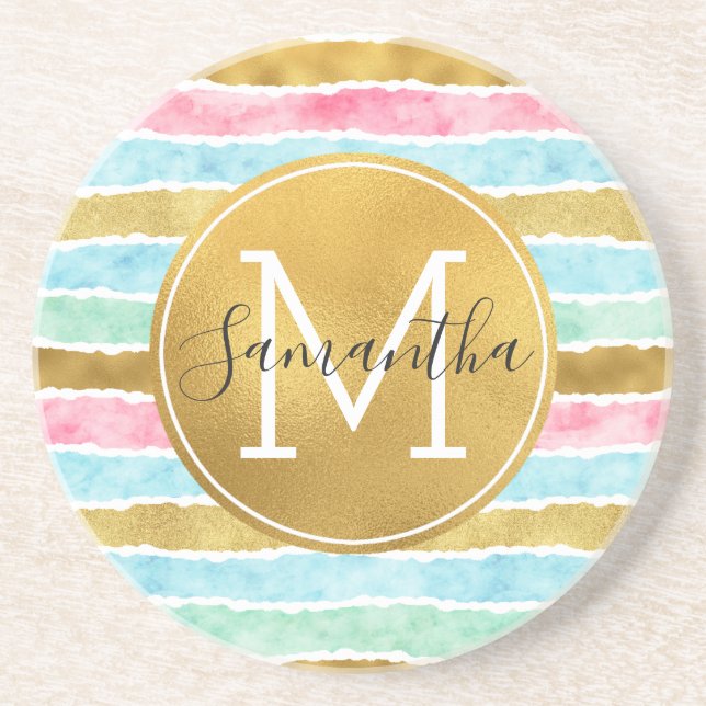 Chic Gold Watercolor Stripes Monogram Coaster (Front)
