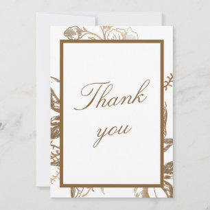 Chic Gold & White Faux Metal Floral Photo Wedding Thank You Card