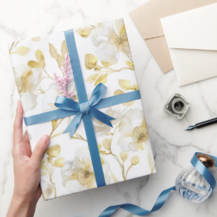 Chic Gold White Flowers Bridal Shower Wrapping Paper