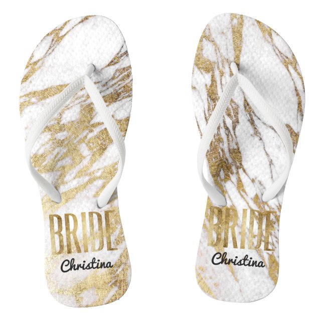 Chic Gold White Marble Bride Wedding Bachelorette Jandals (Footbed)