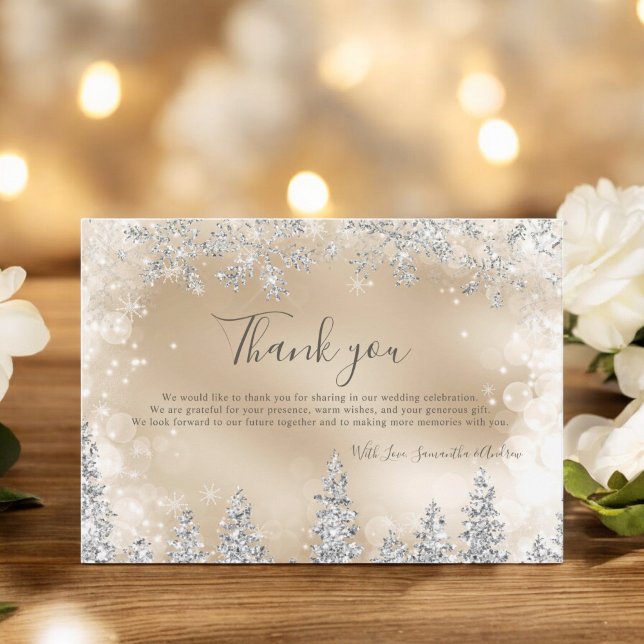 Chic gold Winter silver snow pine wedding Thank You Card (Chic gold Winter silver snow pine wedding Thank You Card)
