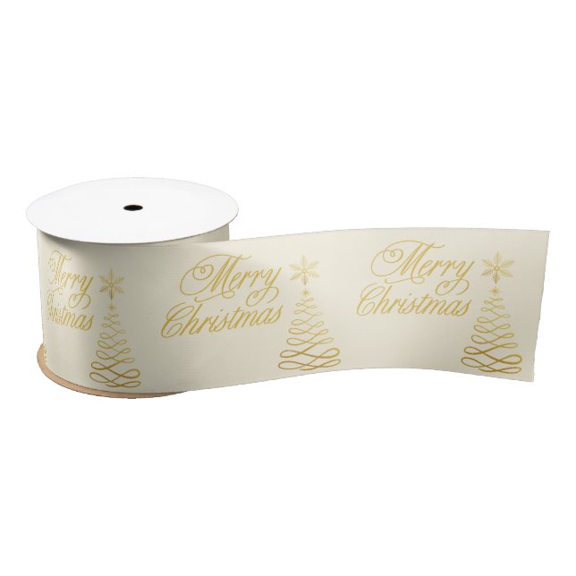 Chic Golden and Cream Yellow Merry Christmas Satin Ribbon (Spool)